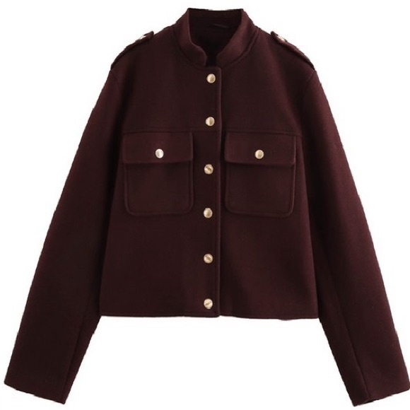 393. Stand Collar Button Down Jacket in Burgundy - Picture 5 of 7